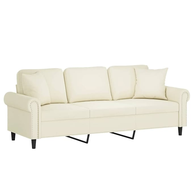 vidaXL - Driezitsbank - met - sierkussens - 180 - cm - fluweel - crèmekleurig