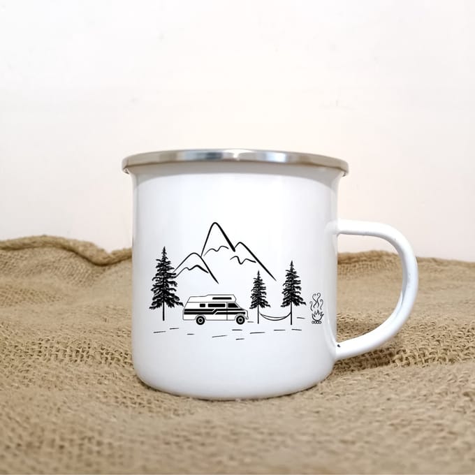 Beker - campingbeker - Oldtimer zwart wit - duurzaam - emaille beker – CamperHomie
