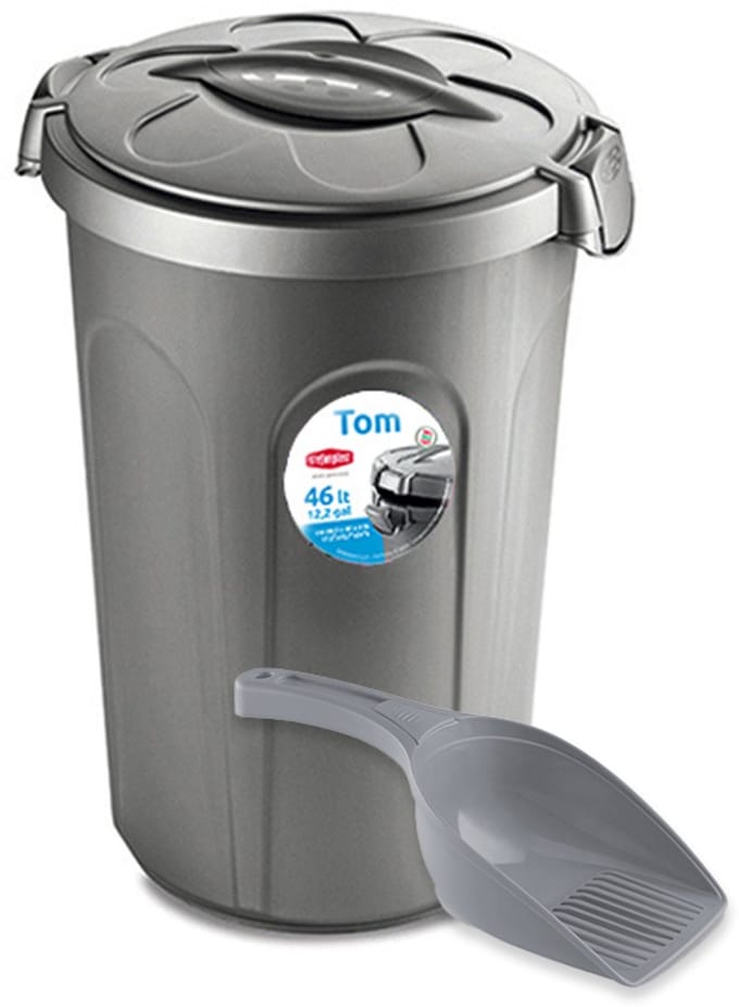 Ton met deksel 'Tom' - 46 liter - Voerton - Bewaarton - Voercontainer - Inclusief schepje - Zilver