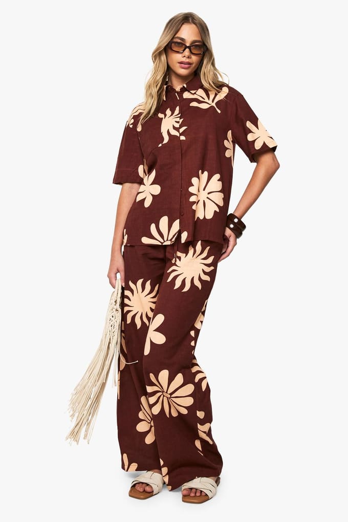boohoo Dames Shell Print Linnen Resort Shirt | Chocolate | Maat: 6