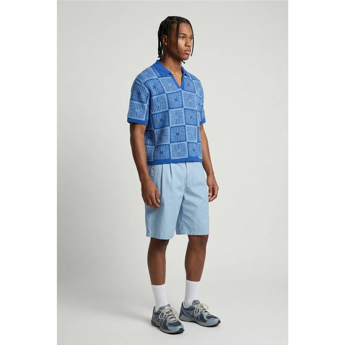 Oversized Boxy Crochet Tapestry Knitted Polo T-Shirt | Blue | Size XL
