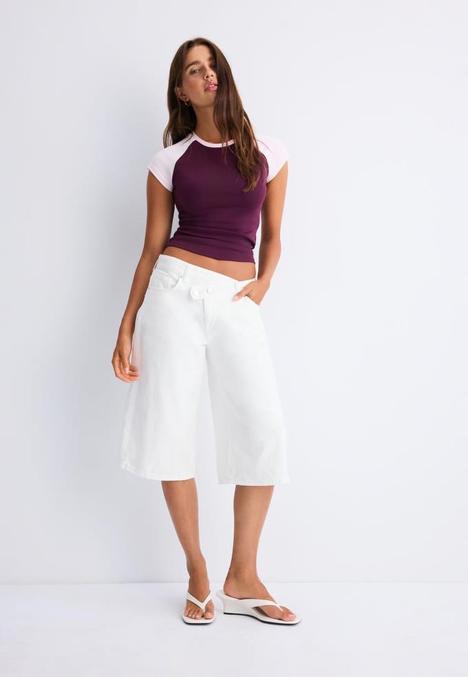Stradivarius T-shirt met korte mouw en raglanmouwen  Donkerpurper S