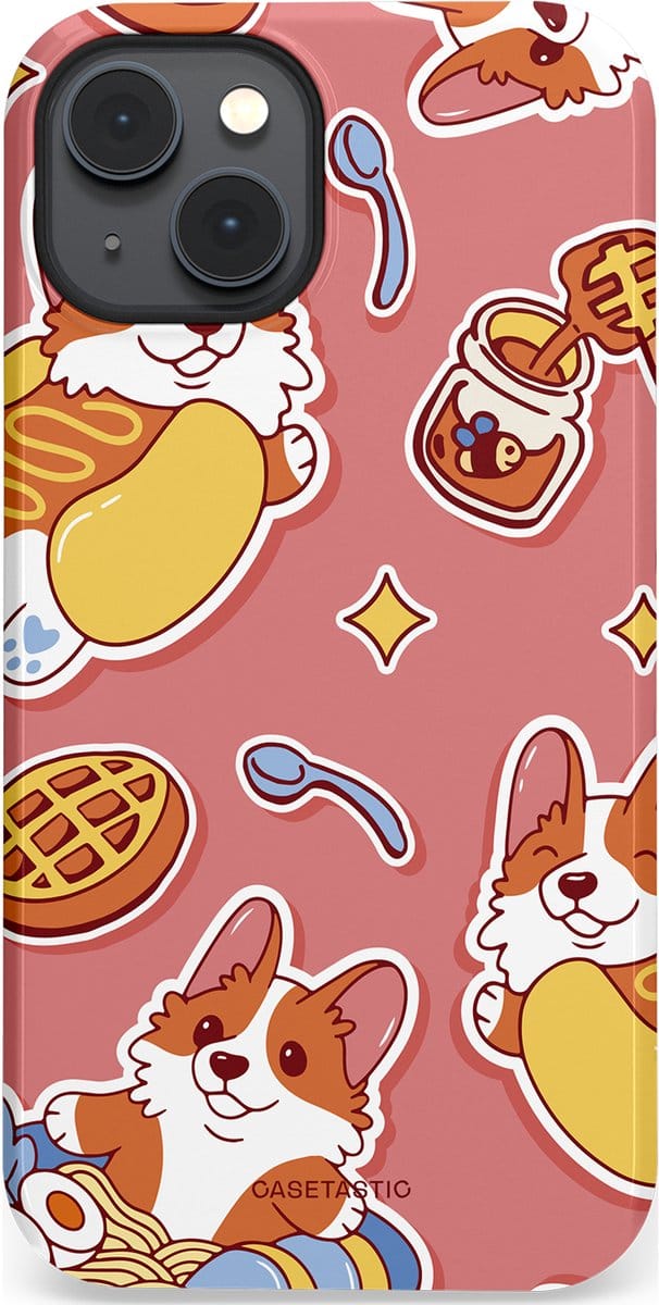 Casetastic hoesje geschikt voor Apple iPhone 14 Plus - MagSafe - Dubbellaagse bescherming - Corgi snacks - Fashion Case - Koraal Terracotta Lichtgrijs Goud