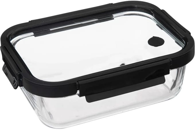 5Five Vershoudbakje met deksel - glas - luchtdicht - met clips - 23 x 18 x 8 cm - 1300 ml - zwart/transparant