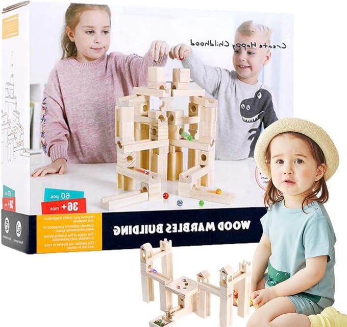 Houten Knikkerbaan - Puzzelspel Constructie - Logisch Denken - Duurzaam Ontwerp - 60 Kralen - Houtkleur