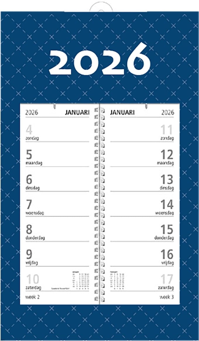 MGPcards - Omlegweekkalender 2026 - Week begint op zondag - 21 x 34 cm - Donker blauw