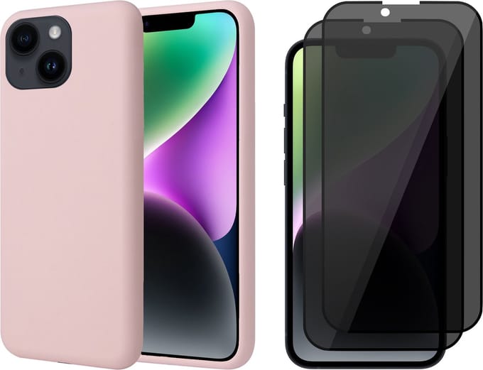 Hoesje geschikt voor iPhone 14 Plus - 2x Privacy Screen Protector FullGuard - Back Cover Case SoftTouch Roze & Screenprotector