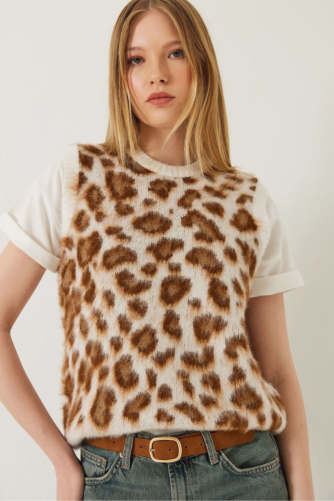 Leopardprint Geribbelde Trui Vest