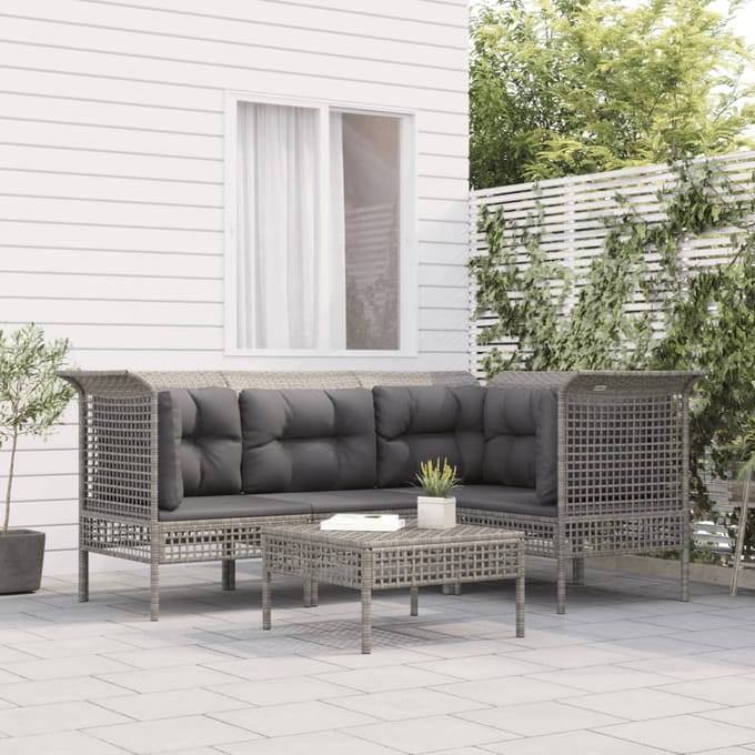 vidaXL - 5-delige - Loungeset - met - kussens - poly - rattan - grijs
