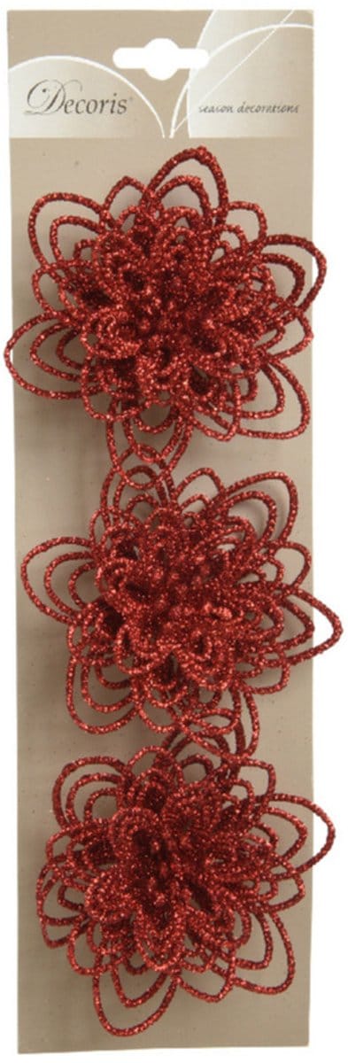 Kerstboomversiering Bloemen - 3x stuks - 11 cm - rood glitter - op clip - ornament