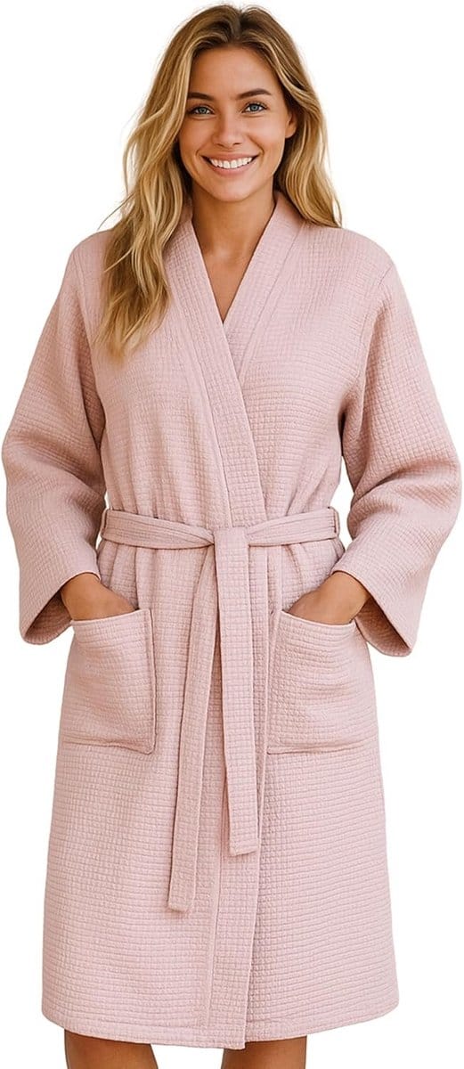 Dames Badjas - Ochtendjas Kimono - Ontspannen Thuis - Licht Wafelkatoen - 200 g/m² - Wit