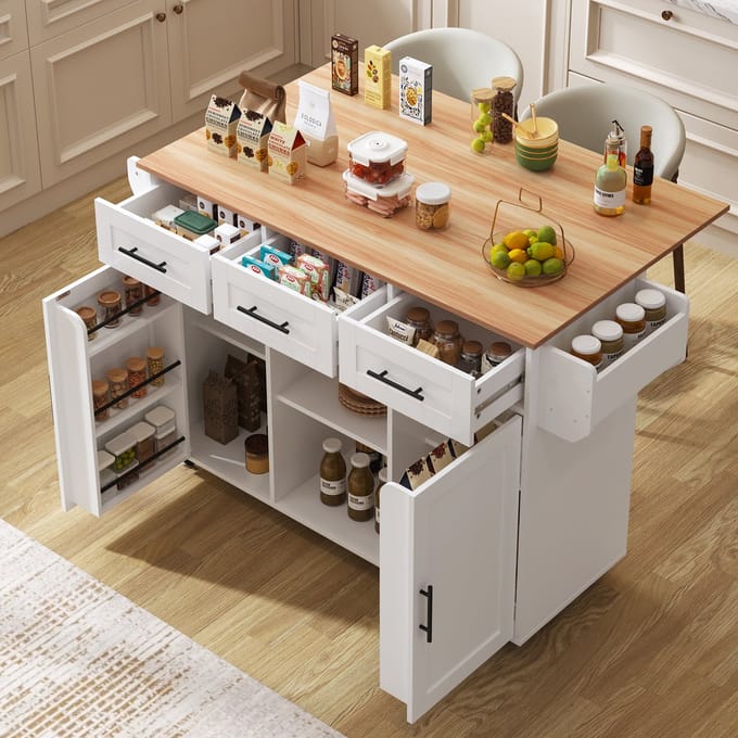 Clruro Esswagen - 139×46(71)×91,5 cm - Klapbaar Werkblad + Opslagdeur - Rollen - MDF & Massief Hout - Wit