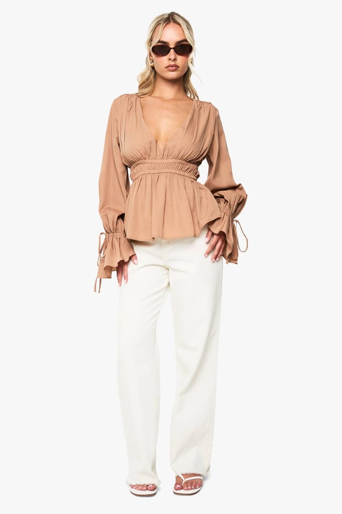 boohoo Dames Blouse met tie cuff en peplum | Mocha | Maat: 6