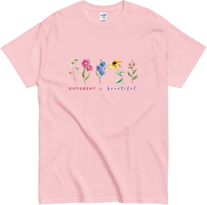 Dames en Heren Tshirt met Tekst Boodschap 'Anders zijn is mooi' - Bloemenprint - Roze - S