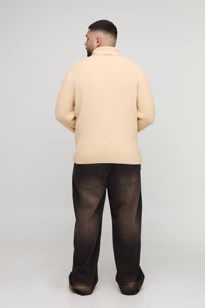 Plus Essential Regular Fit Ribbed Roll Neck Jumper | Sand | Size 4XL