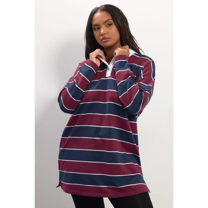 Yours Burgundy Red Stripe Rugby Collar Tuniek Top Size 44