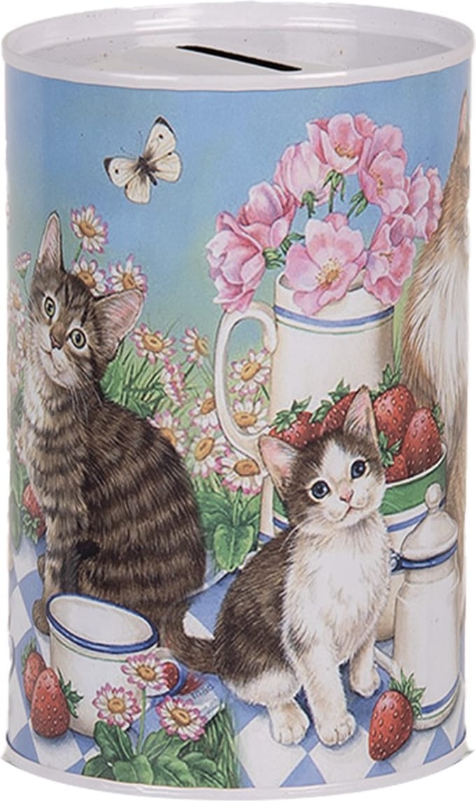 Clayre & Eef Spaarpot Ø 8x13 cm Blauw Metaal Kat