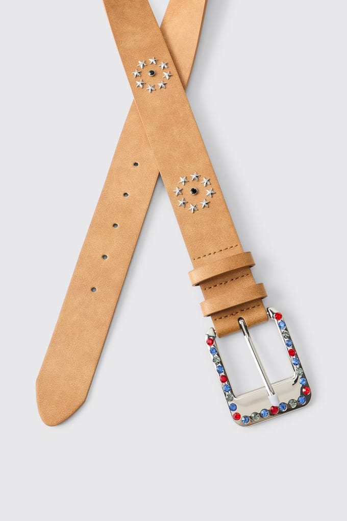 Star Studded & Gemstone Buckle PU Belt | Brown | Size Small