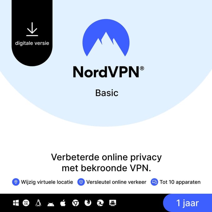 NordVPN Basic - Premium VPN Software - 1 jaar - Voor Maximaal 10 Apparaten - PC & Telefoon Download