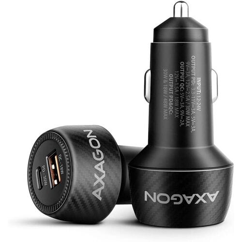 AXAGON Autolader 48 W USB-C bus (Power Delivery), USB-A-bus USB PD 3.0, Adaptive Fast Charge, USB PD 2.0, QC 4+ Zwart