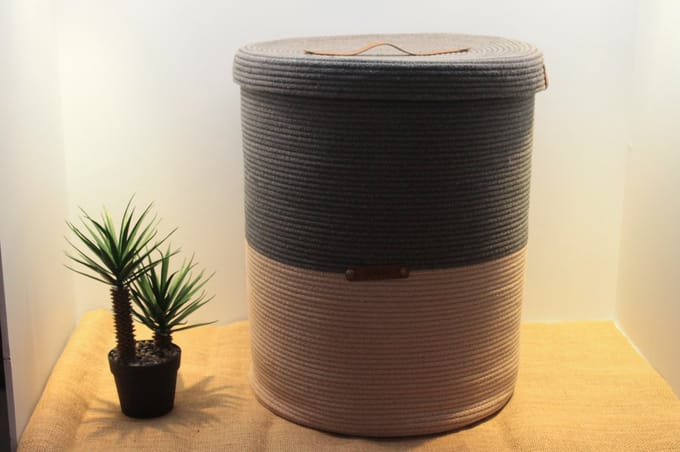 OZ Home - Mand met Deksel - Beige/Donkerblauw - Duurzaam & Functioneel - Voor Grote Opslag en Organisatie