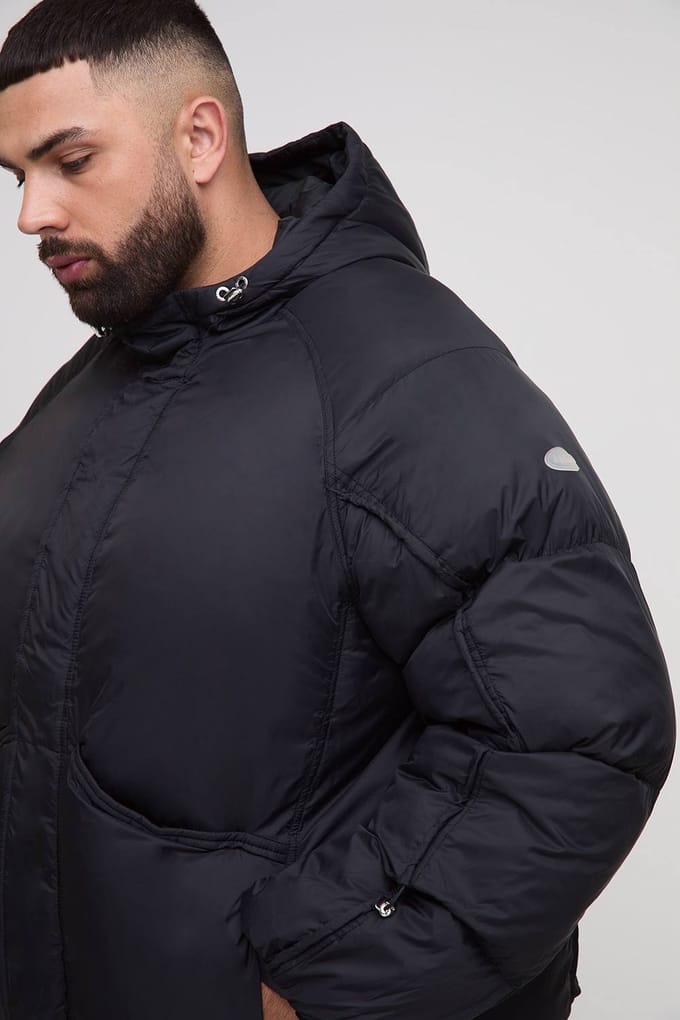 Plus Oversized Fit Ruched Sleeve Panelled Puffer Jacket | Black | Size 2XL