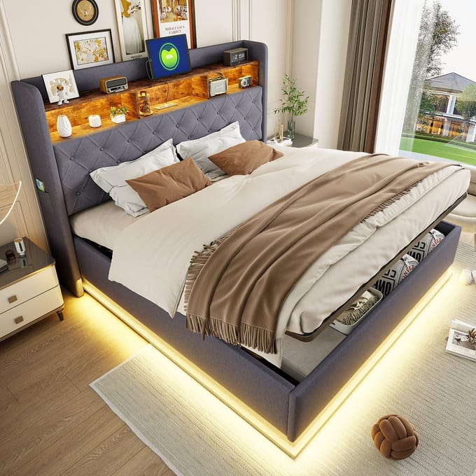 MODFU Bedframe 180x200 cm – grijs linnen – met LED, USB en hydraulische opbergruimte