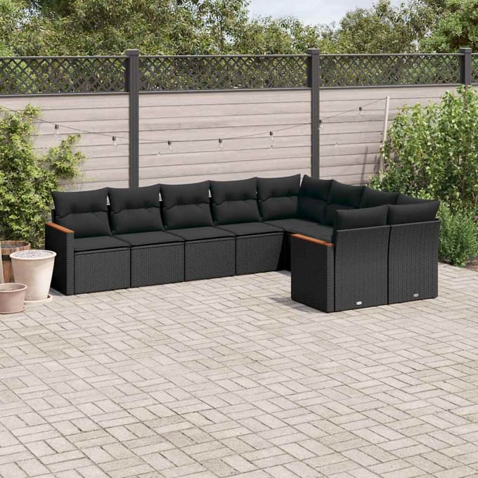vidaXL - 9-delige - Loungeset - met - kussens - poly - rattan - zwart