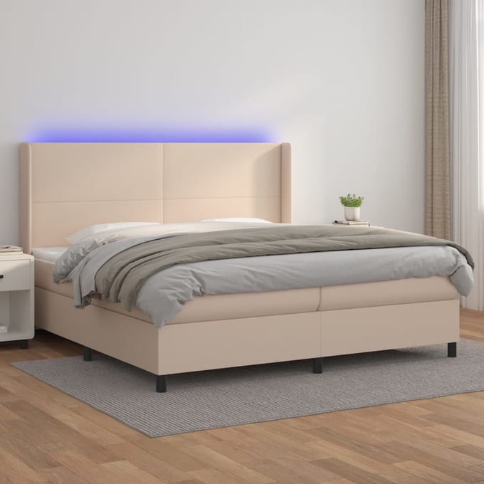 vidaXL - Boxspring - met - matras - en - LED - kunstleer - cappuccinokleur - 200x200cm