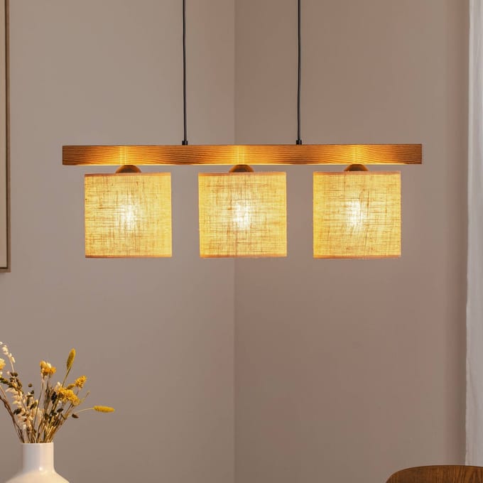 Duolla Hanglamp Forest, hout licht/zwart, jute naturel, 3-lamps.