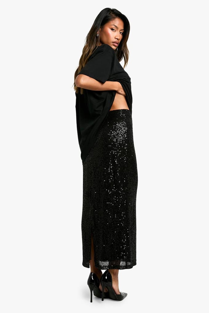 boohoo Dames Knitted Sequin Midaxi Rok | Black | Maat: 6