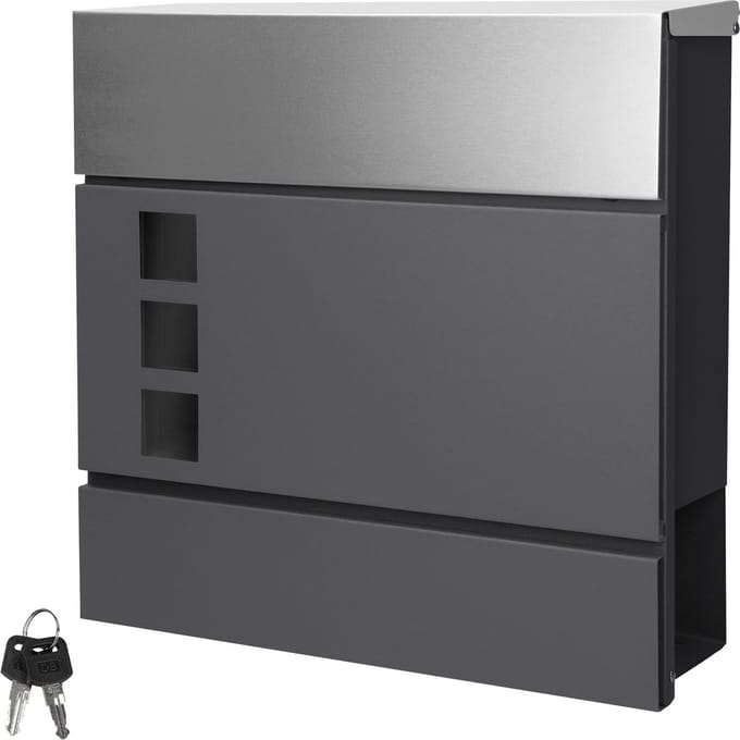 ECD Germany Moderne designdoos met krantenvak 37 x 10,5 x 36,5 cm roestvrij staal antraciet / zilver kijkvenster 2 sleutels en bevestigingsmateriaal - wandmailbox krantrol