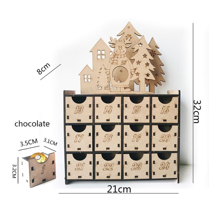 Calendrier de l'Avent de Noël avec 25 Tiroirs Compte à Rebours Chocolaté jusqu'à Noël Calendrier de l'Avent en Bois Réutilisable Cadeau de Noël pour Enfants beige