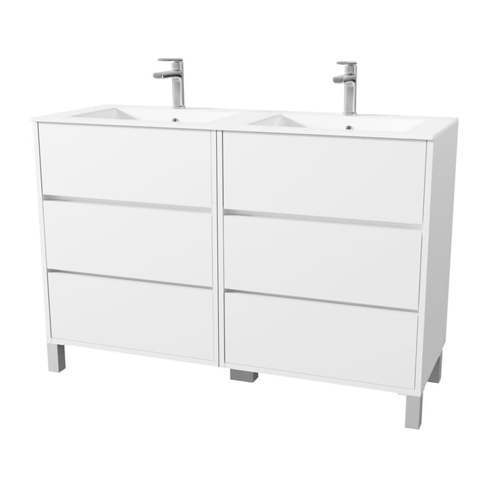 Pack Meuble Salle de Bains 120 cm Laqué Blanc, 6 tiroirs avec Vasque Céramique - XENOS