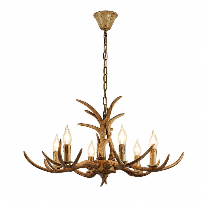 Sello! kroonluchter – hertengewei – hanglamp – retro – vintage – blikvanger – 6 lichtpunten – E14 fitting