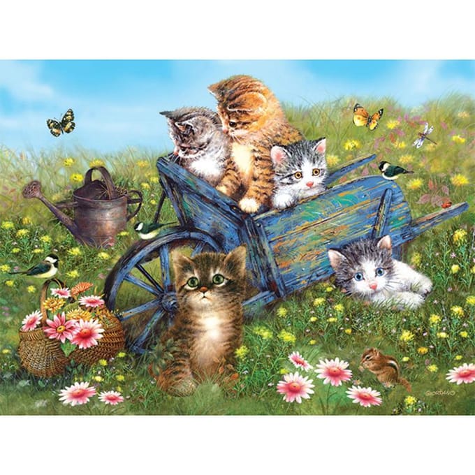 Peinture diamant cinq chats, icône, point de croix, rond, broderie complète, noël 20X30CM blue