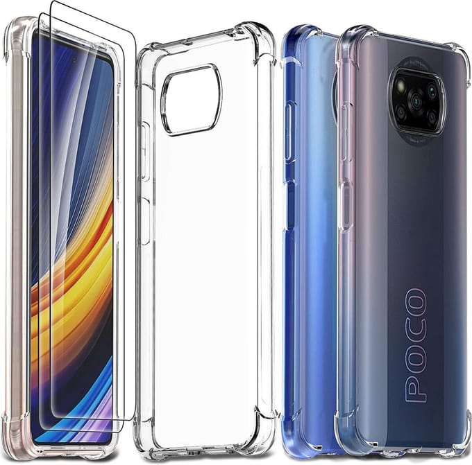 Anti-Shock transparant hoesje silicone met 2 Pack Tempered glas Screen Protector Geschikt voor: Xiaomi Poco X3 / X3 Pro