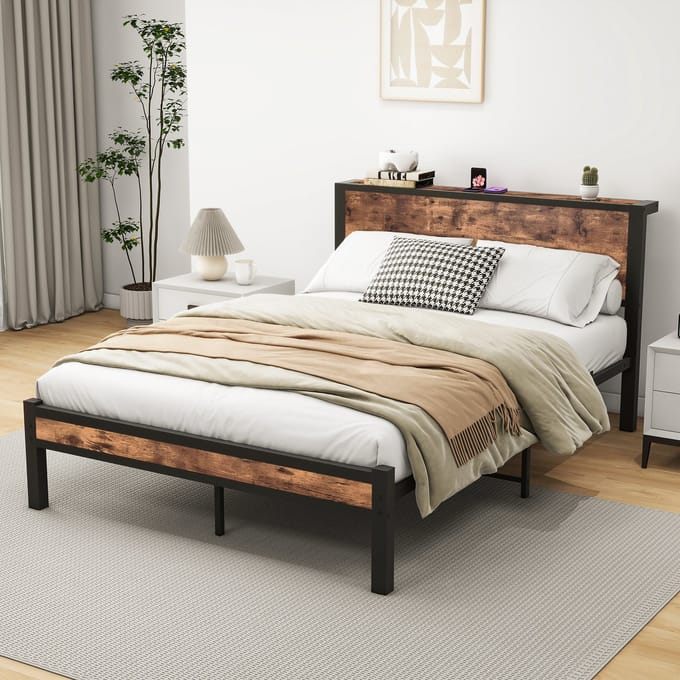 Bedframe - 140x200 cm - Hoofdbord met Opbergruimte - Geluidsarm - Metaal - Vintage Bruin