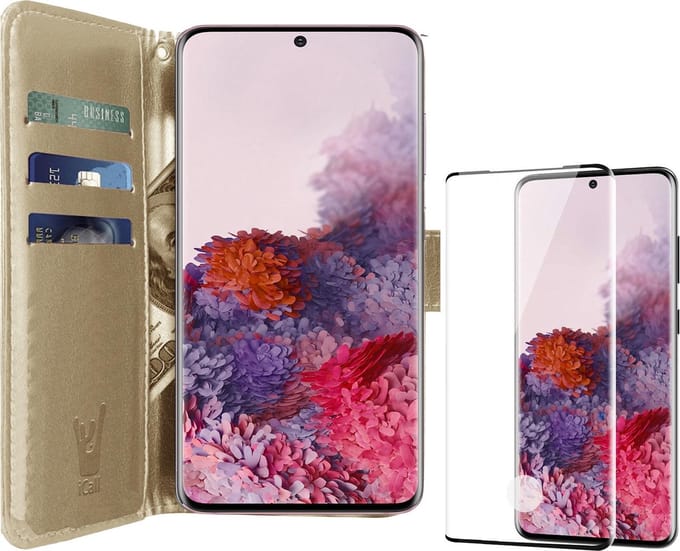 Hoesje geschikt voor Samsung Galaxy S20 - Screen Protector FullGuard - Book Case Kunstleer Pasjeshouder Goud & Screenprotector