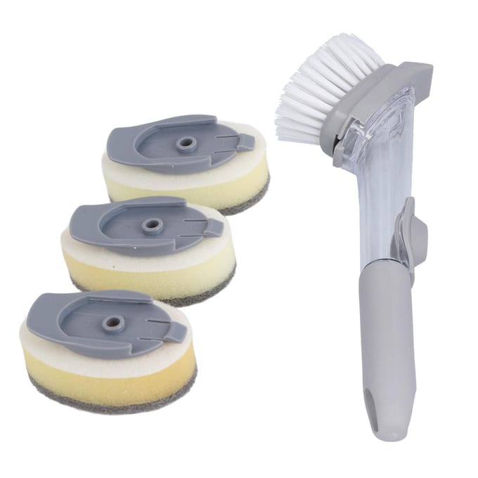 Zeepdispenserende Afwasborstel Spoelbak Afwas Schoonmaak Schrobber met Handvat Ophangring Vervangkop white