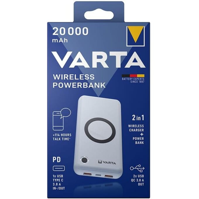 Draadloze Powerbank Varta, 20000 mAh, 1x USB-C (In & Out), 2x USB-A (Out), opladen met of zonder kabel, B 79 x D 24 x H 160 mm, wit