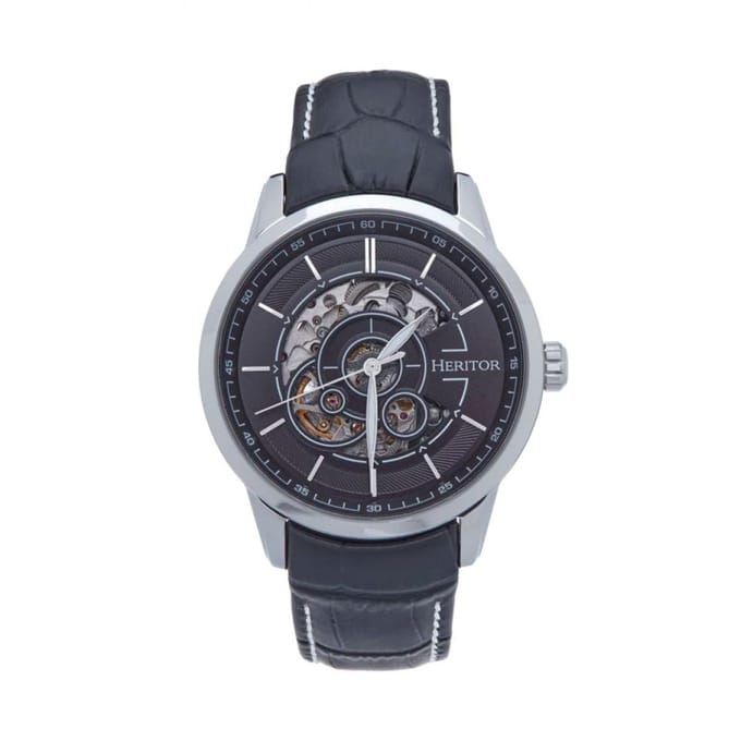 Heritor Automatic Davies Semi-Skeleton Horloge met Leren Band - Zilver/Zwart