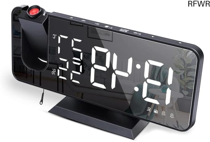 Alarm Clock with Projection,Digital Projection Alarm Clock with 7.5 Inch Mirrored LED Display,FM Radio,Snooze Double Alarm,4 Screen Brightness,Automatic Dimming Function,USB Port (Black)