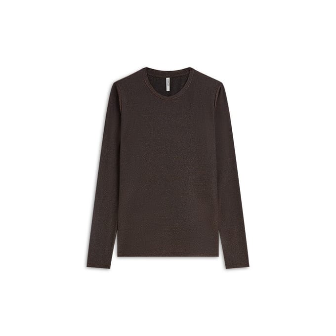 Summum Round Neck Top Long Sleeve Mesh Solid Longsleeves Donkerbruin 3s5394-30180