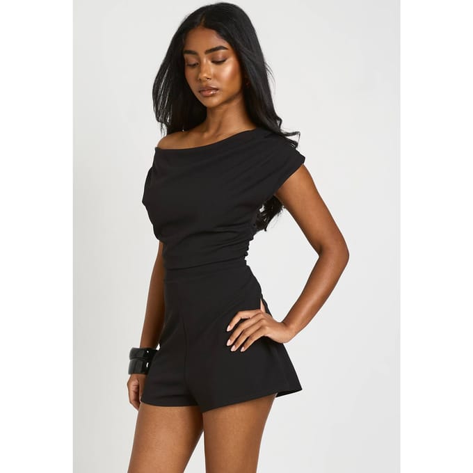 boohoo Dames Jersey Crepe Drape Schouder Playsuit | Zwart | Maat: 44