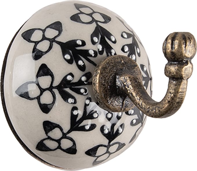 Clayre & Eef Wandhaak Ø 6 x7 cm Wit Zwart Keramiek