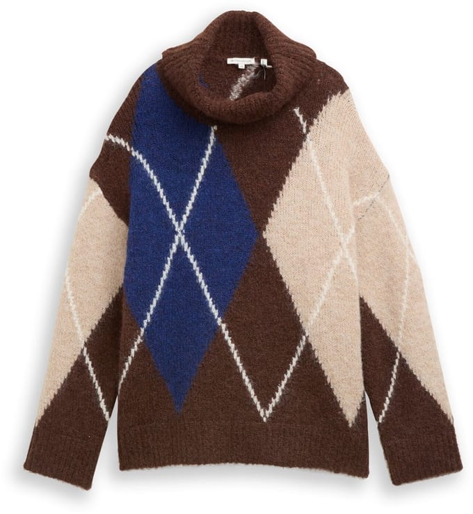 Tom Tailor - Oversized coltrui met wol - Maat M - brown blue argyle knit dsign