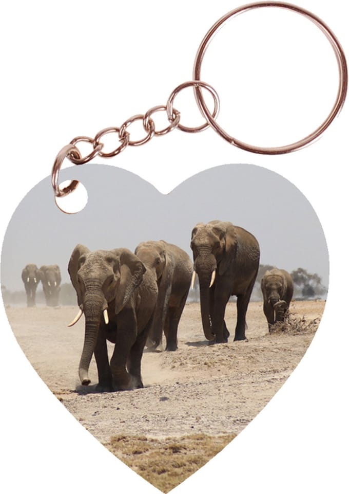 Sleutelhanger hartje 5x5cm - Groep Olifanten - Savanne