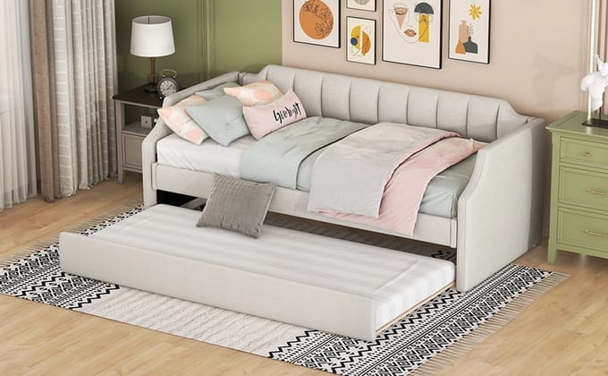 MODENUIT Dagbed 90x200 cm – Eenpersoonsbed met Uitschuifbed – Zonder matras – Gestoffeerd Houten Frame – Beige