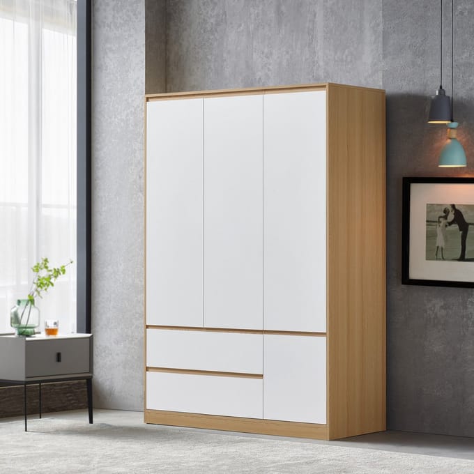 Kledingkast Bastheim 176x120x52 cm met 2 lades eiken en wit